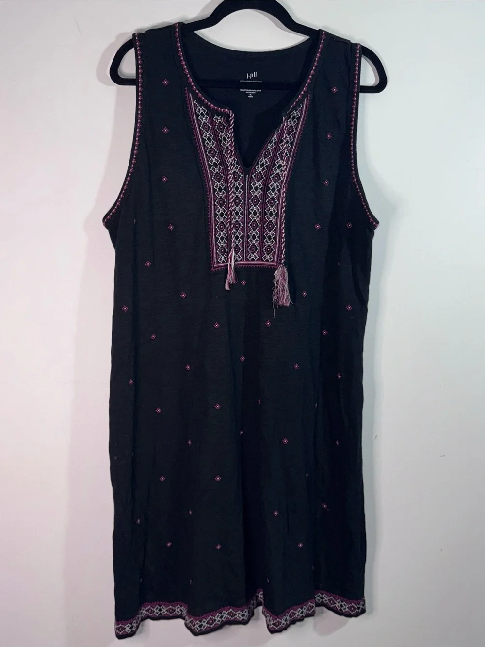 J. Jill Embroidered Sleeveless Knit Dress XL Petite Black Purple Boho - Picture 1 of 5